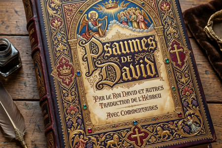 Ornate book cover titled 'Psaumes de David' with gold and jewel embellishments